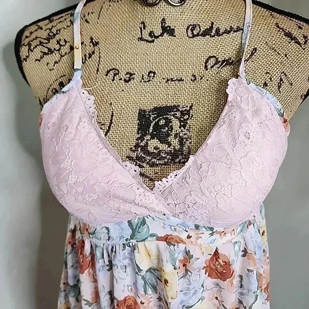 Active USA Floral Pink Lace Babydoll Mini Dress - Picture 13 of 13